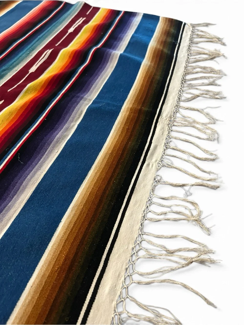 MCM Vintage Handwoven Blue Striped Mexican Serape Wool Blanket - Multi-Color